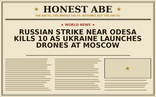 Russian Strike Near Odesa Kills 10 as Ukraine Launches Drones at Moscow