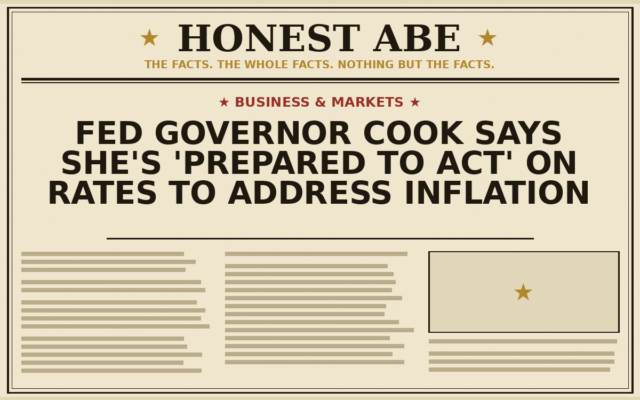 Fed Governor Cook Says She’s ‘Prepared to Act’ on Rates to Address Inflation