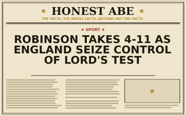 Robinson Takes 4-11 as England Seize Control of Lord’s Test