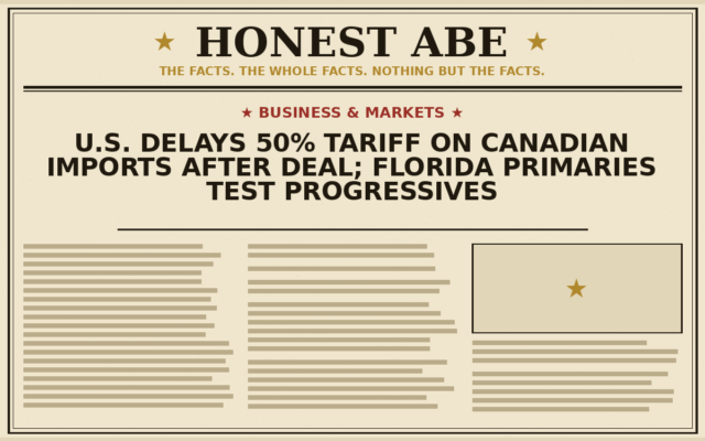 U.S. Delays 50% Tariff on Canadian Imports After Deal; Florida Primaries Test Progressives