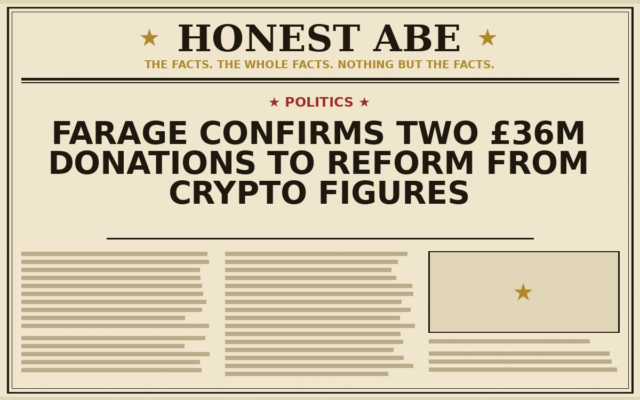 Farage Confirms Two £36m Donations to Reform From Crypto Figures