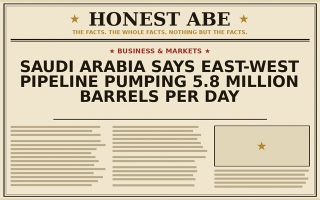 Saudi Arabia Says East-West Pipeline Pumping 5.8 Million Barrels Per Day